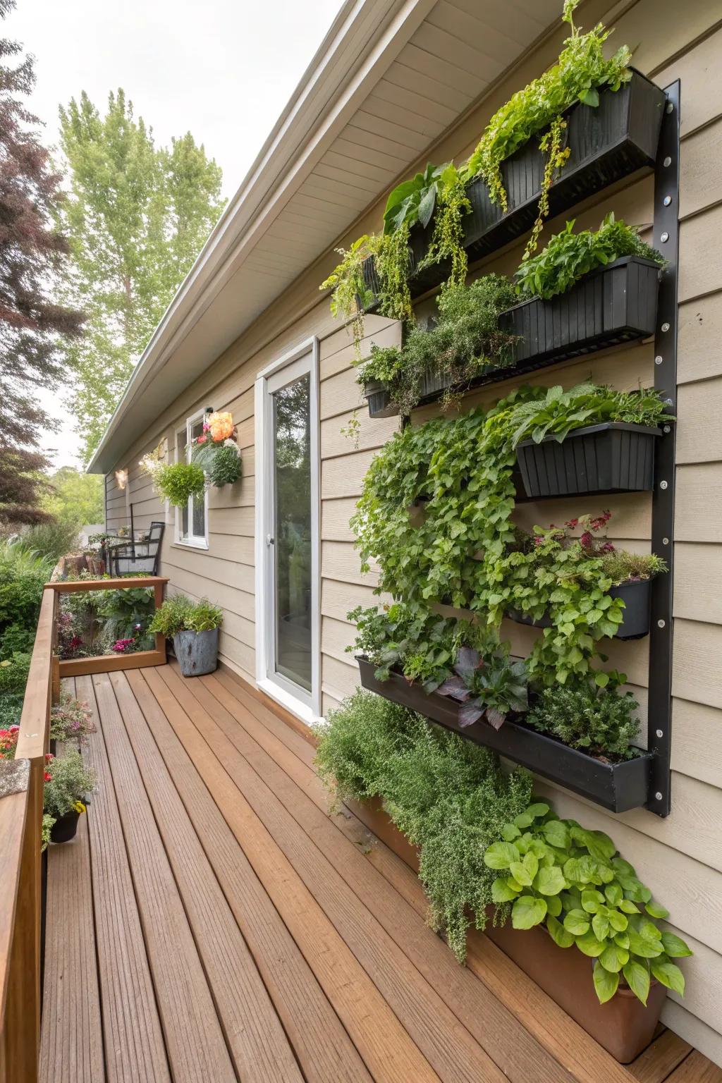 Wall-mounted planters maximize vertical space.