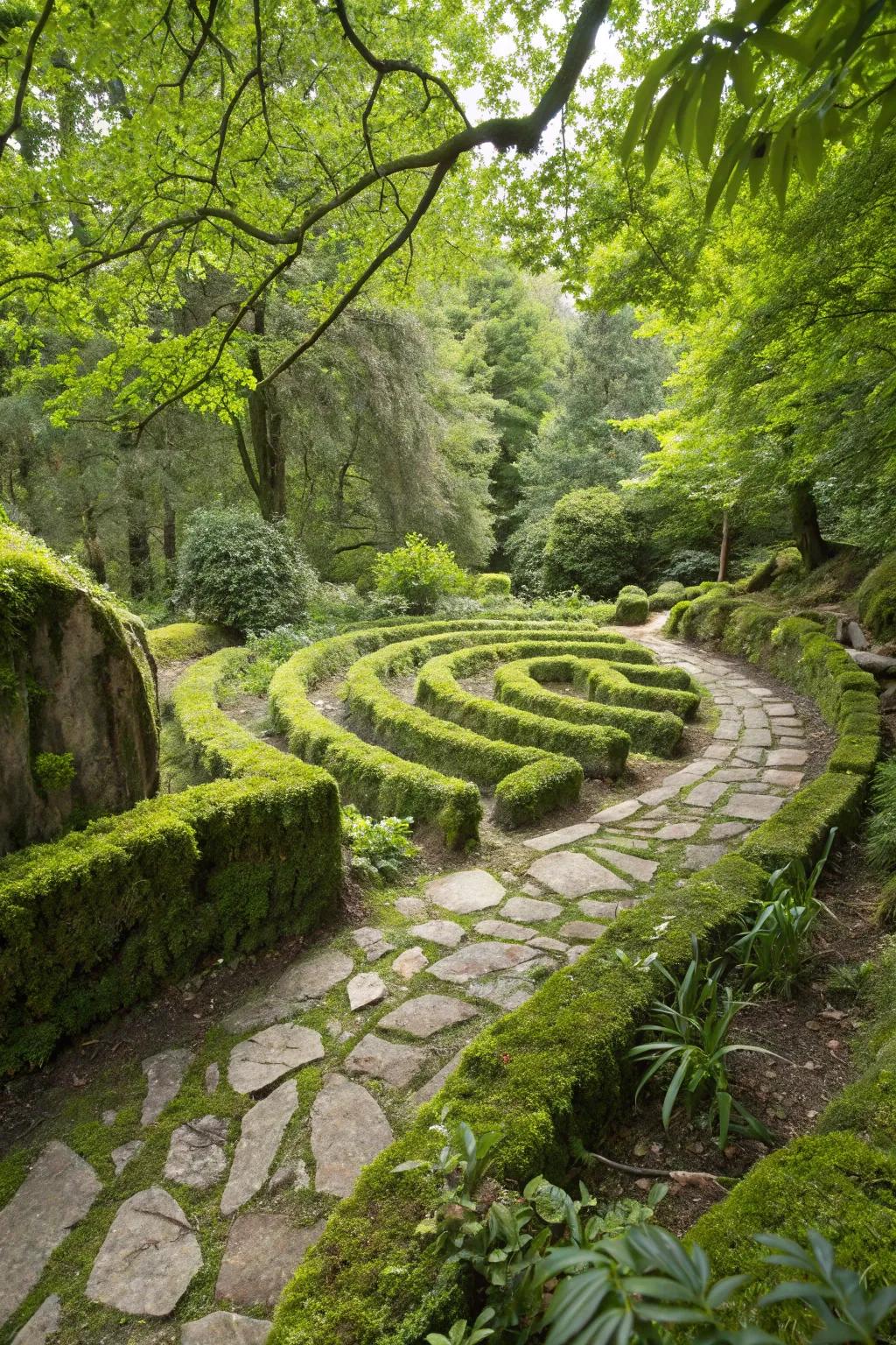 Vegetated pathways providing a gentle, enchanting garden maze adventure.