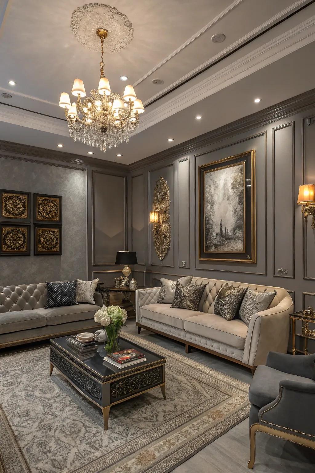 A compact living space showcasing slate walls for a refined detail.