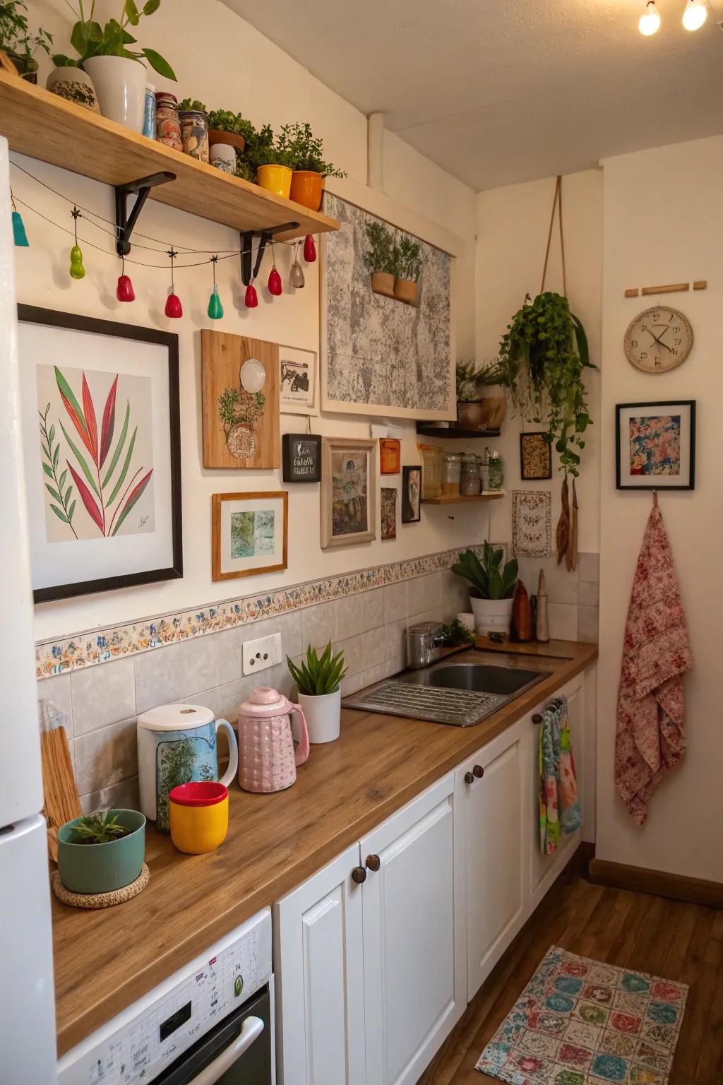 Personal touches introduce comfort and distinctiveness to this petite culinary space.