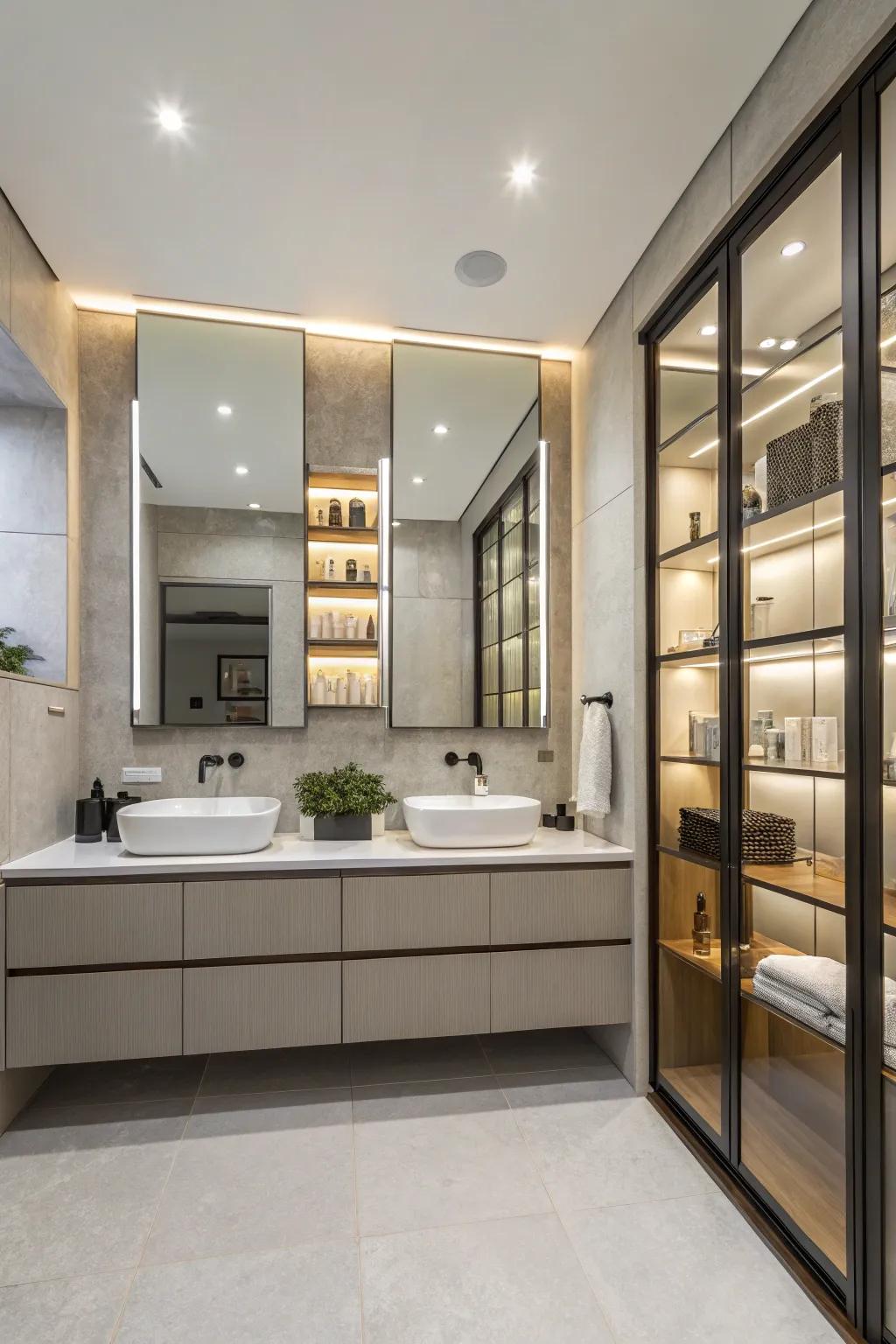 Ingenious storage maintains a tidy and luxurious bathroom.