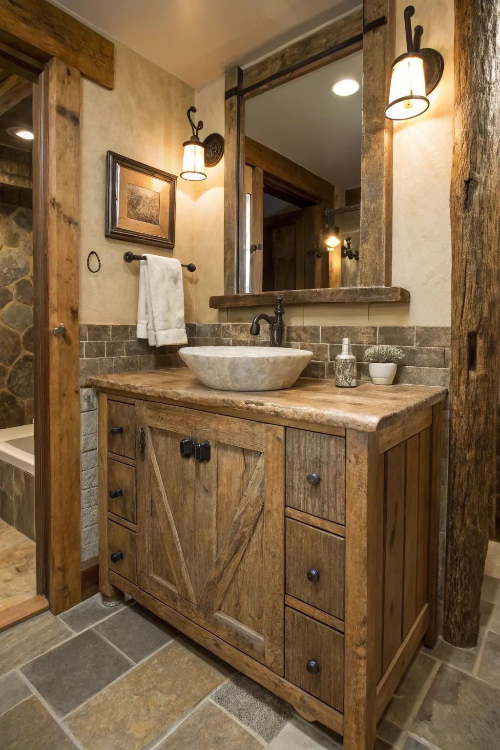 Repurposed aged wood adds character to a bathroom.