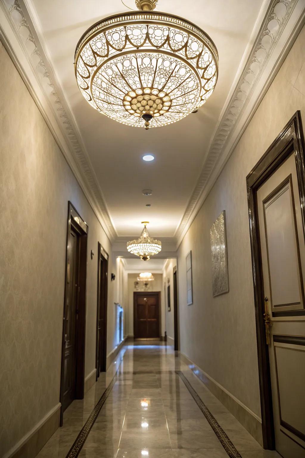 Utilizing ceiling space can enhance the height and feel of your slender passageway.
