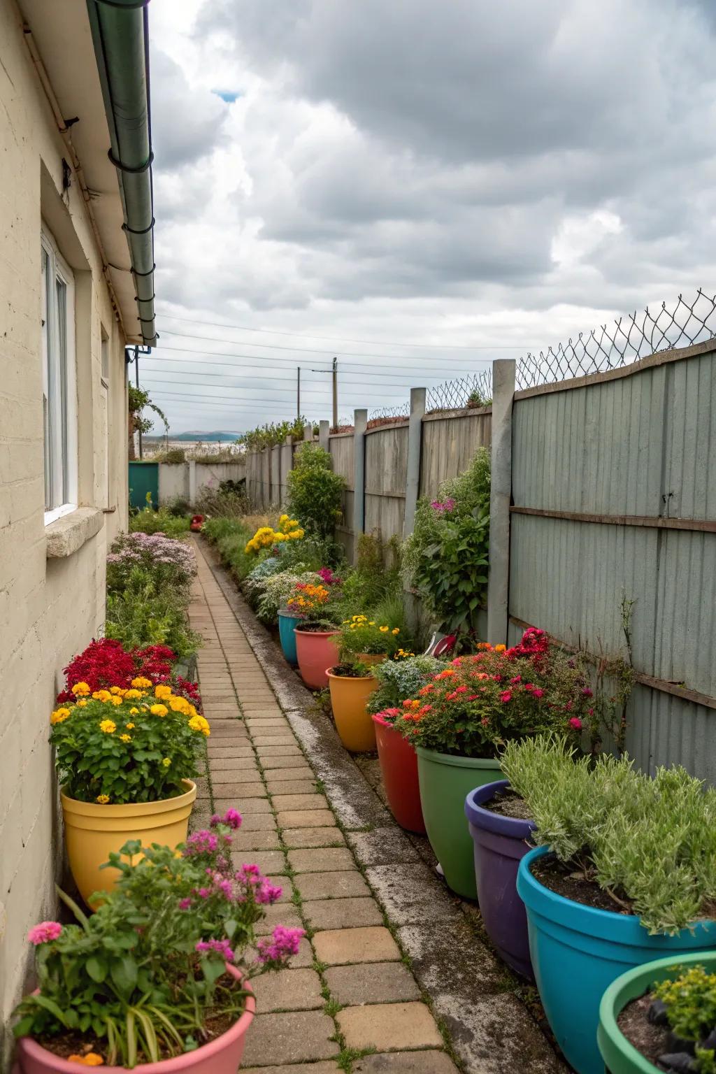 Vibrant pots introduce personality and vitality to confined side yards.