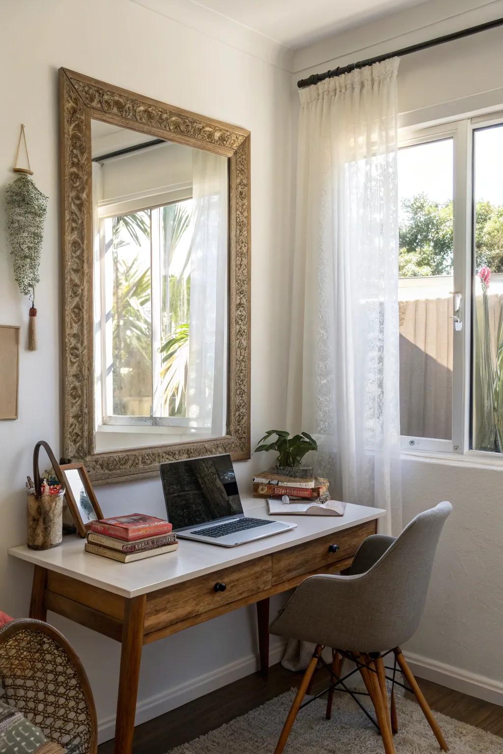 Mirrors amplify the sense of space and light in your compact office.