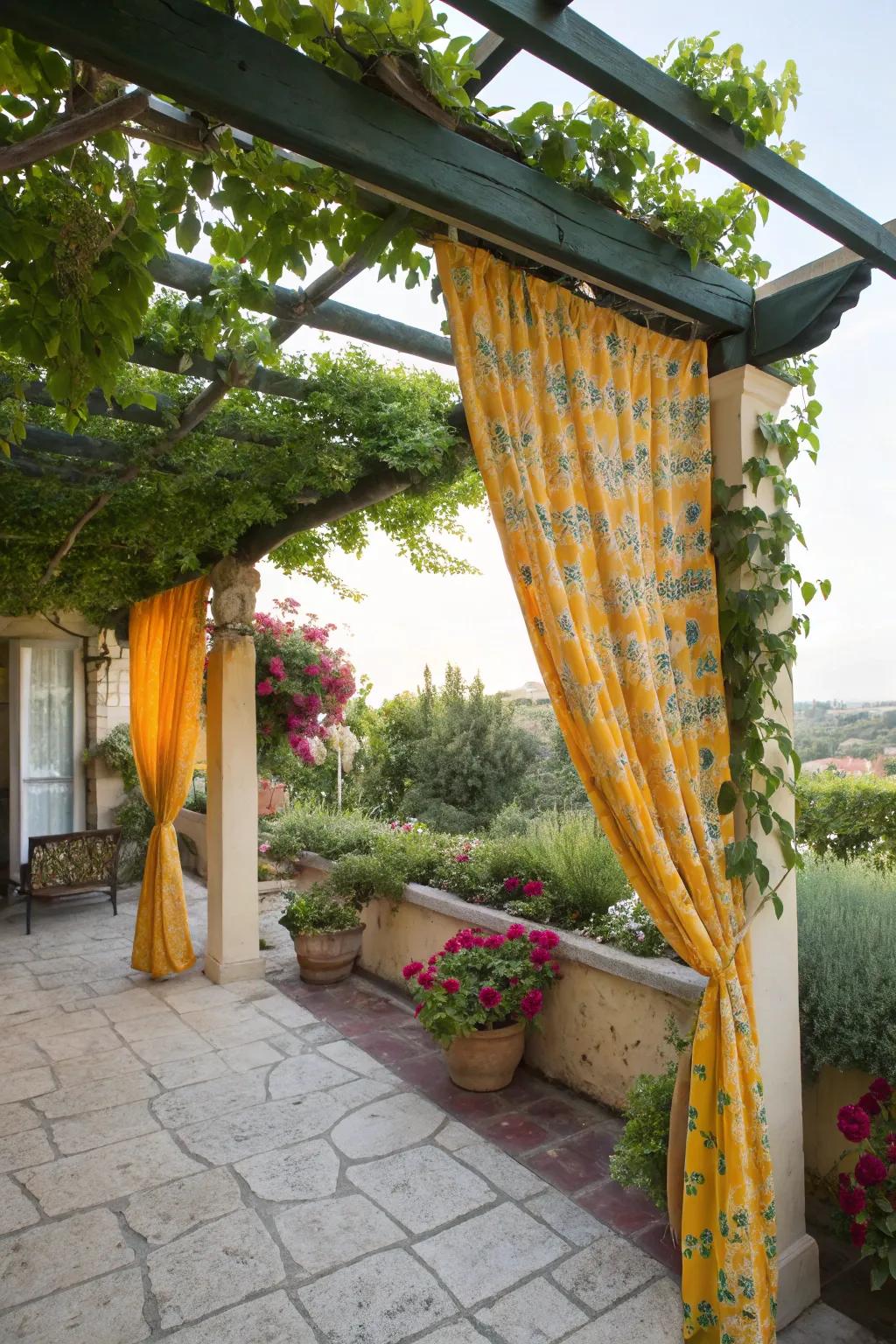 Vibrant curtains contribute a lively accent to a small canopy.