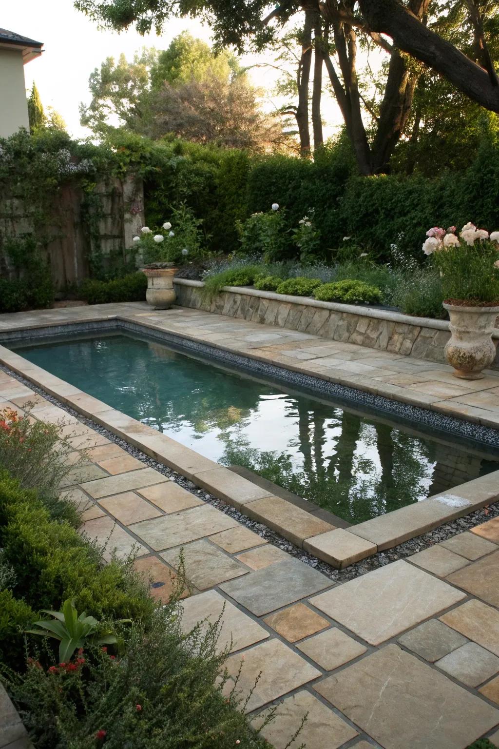 Sophisticated stone and tile impart a luxurious sensation to this compact pool.