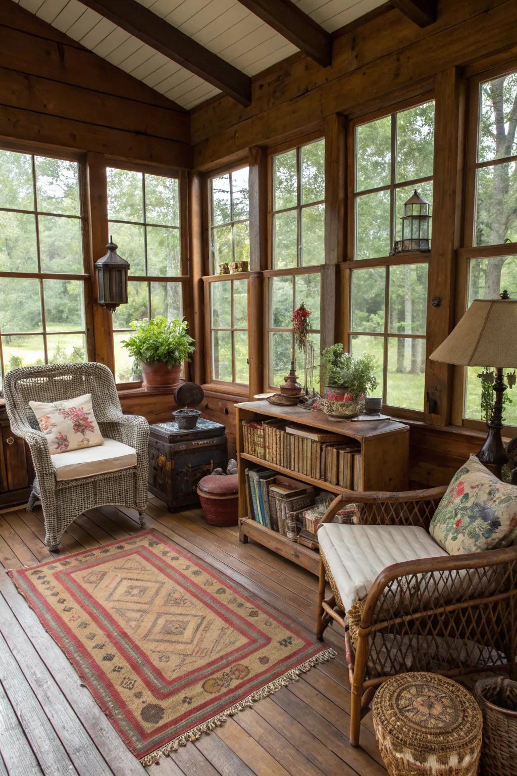 Secondhand decor pieces add individual character to this country-style sunroom.