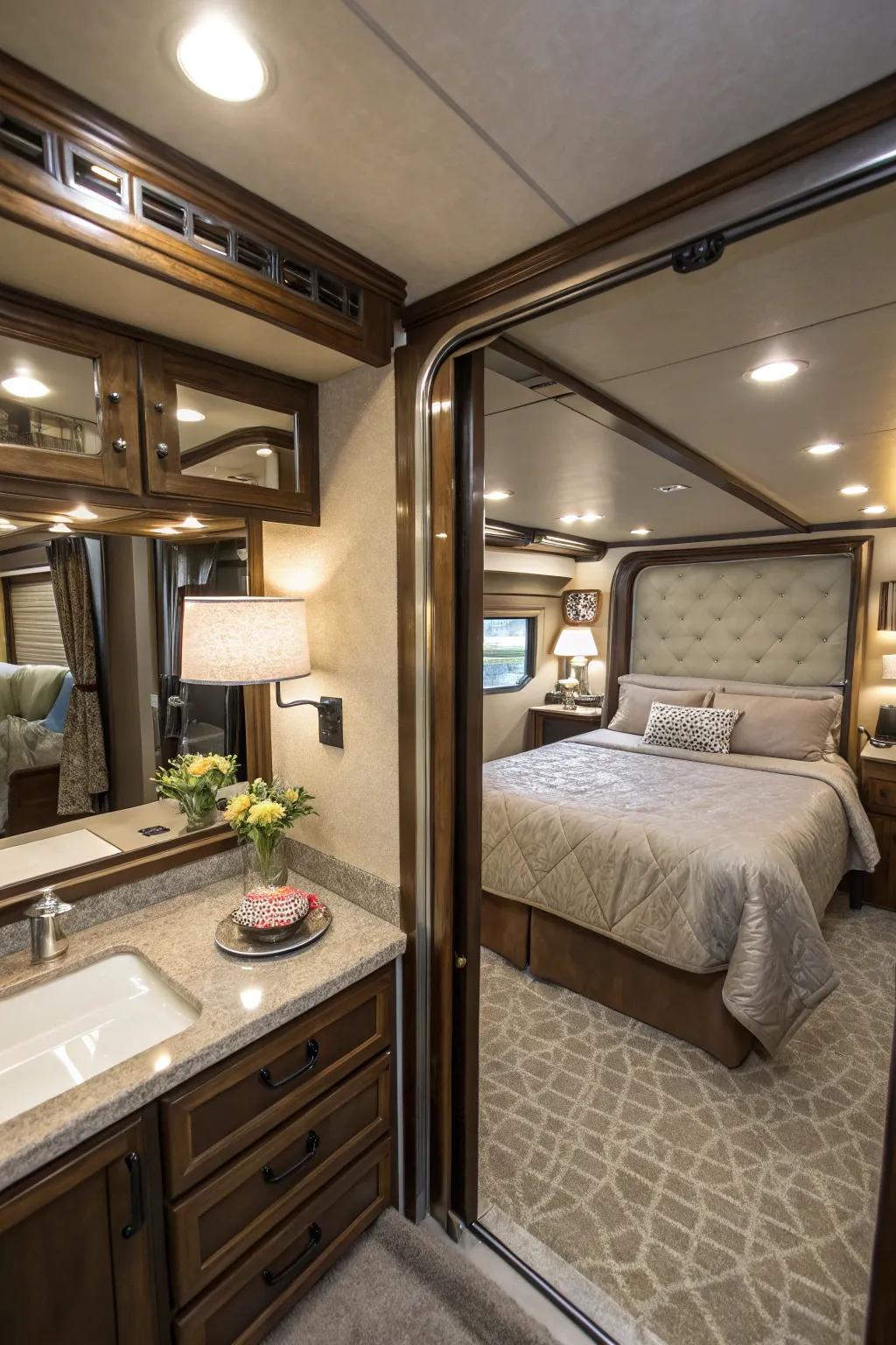 Reflective surfaces make your RV bedroom feel bigger and more open.