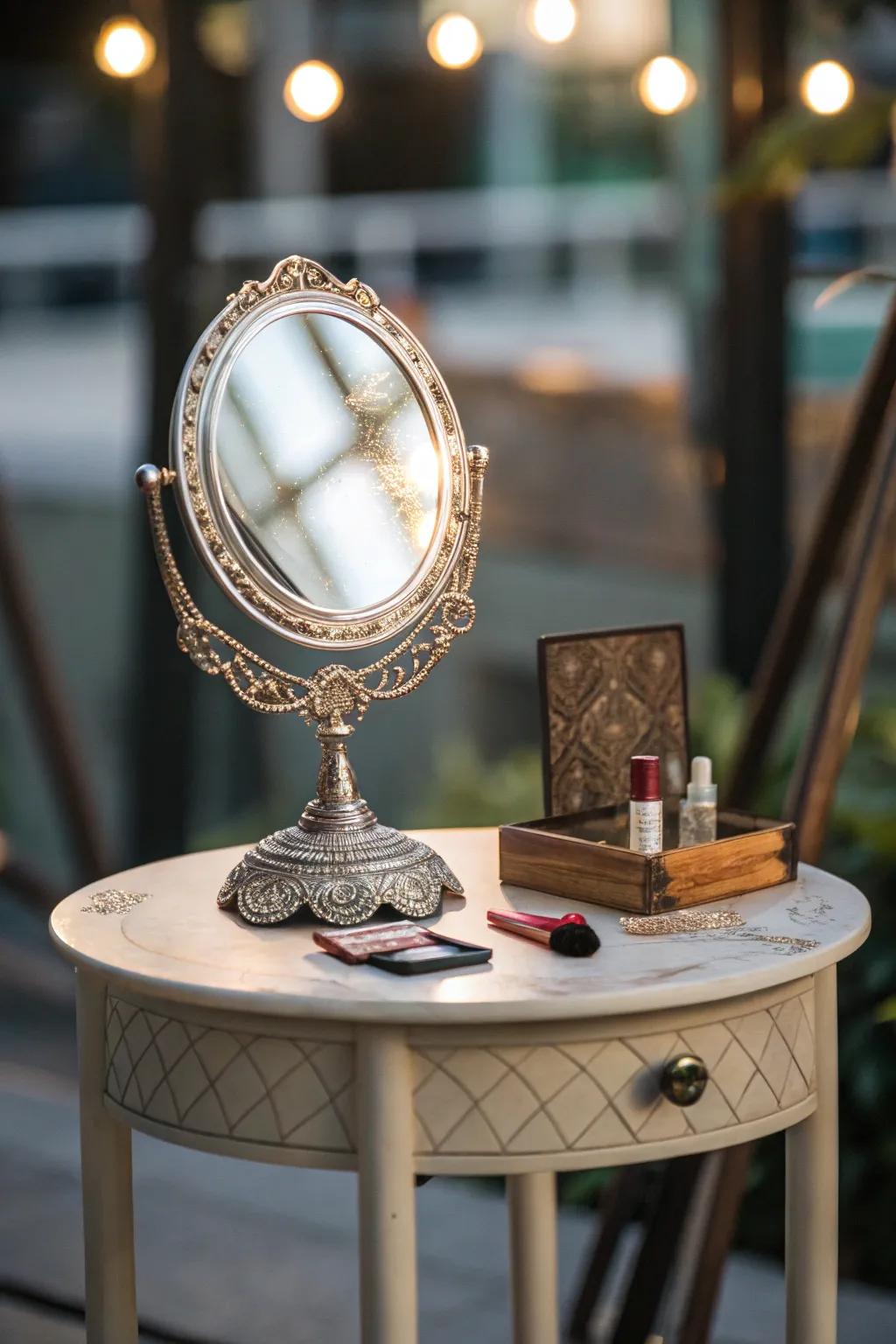 A reflective surface near the table highlights light and space.