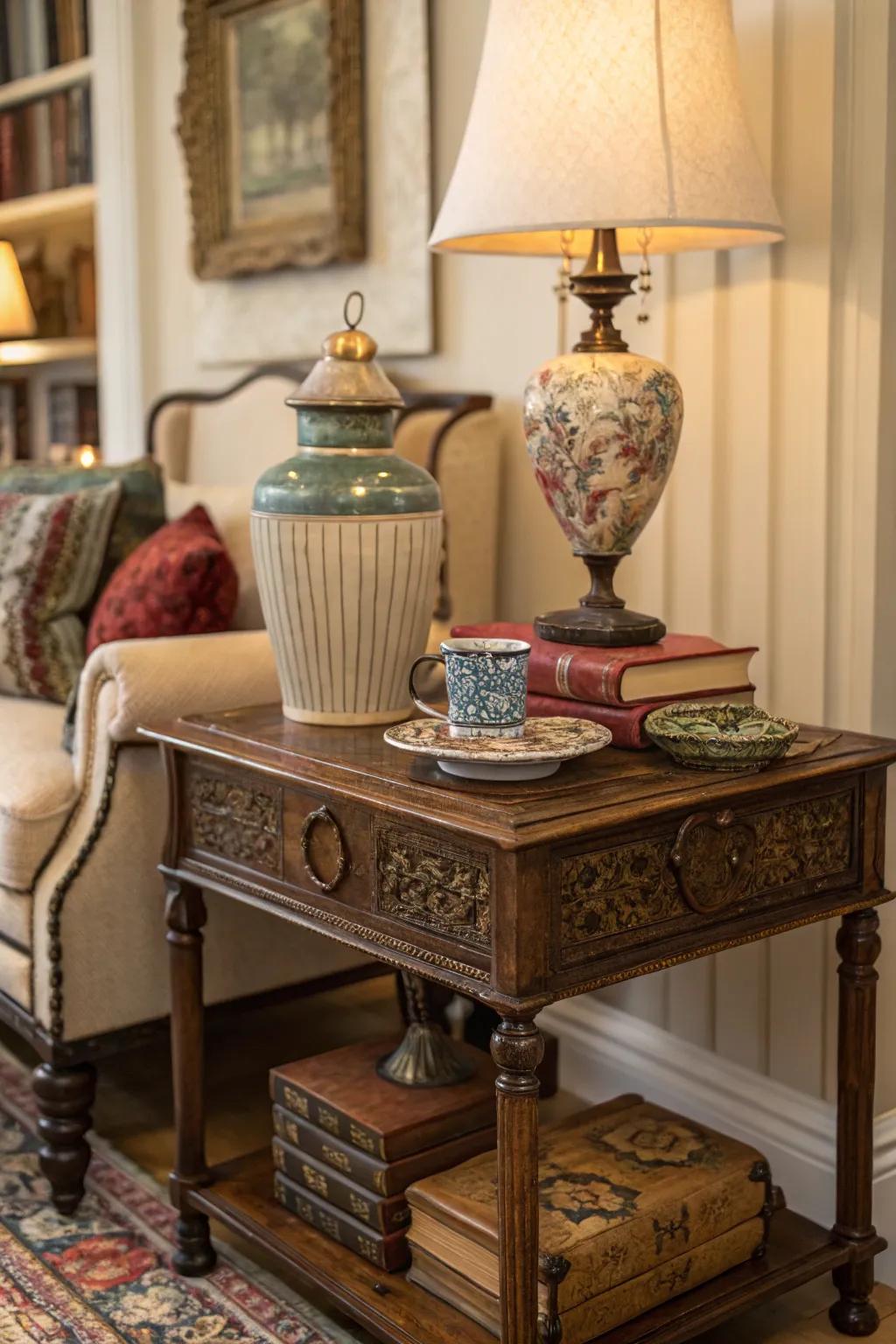 Vintage tables bring historical charm.
