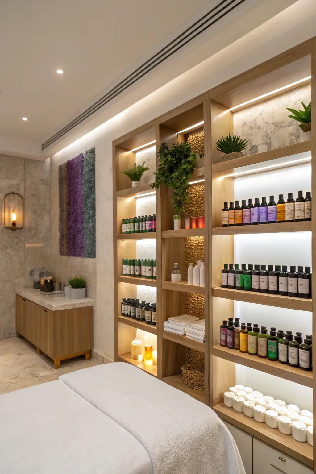 Vertical storage using shelves in a spa room