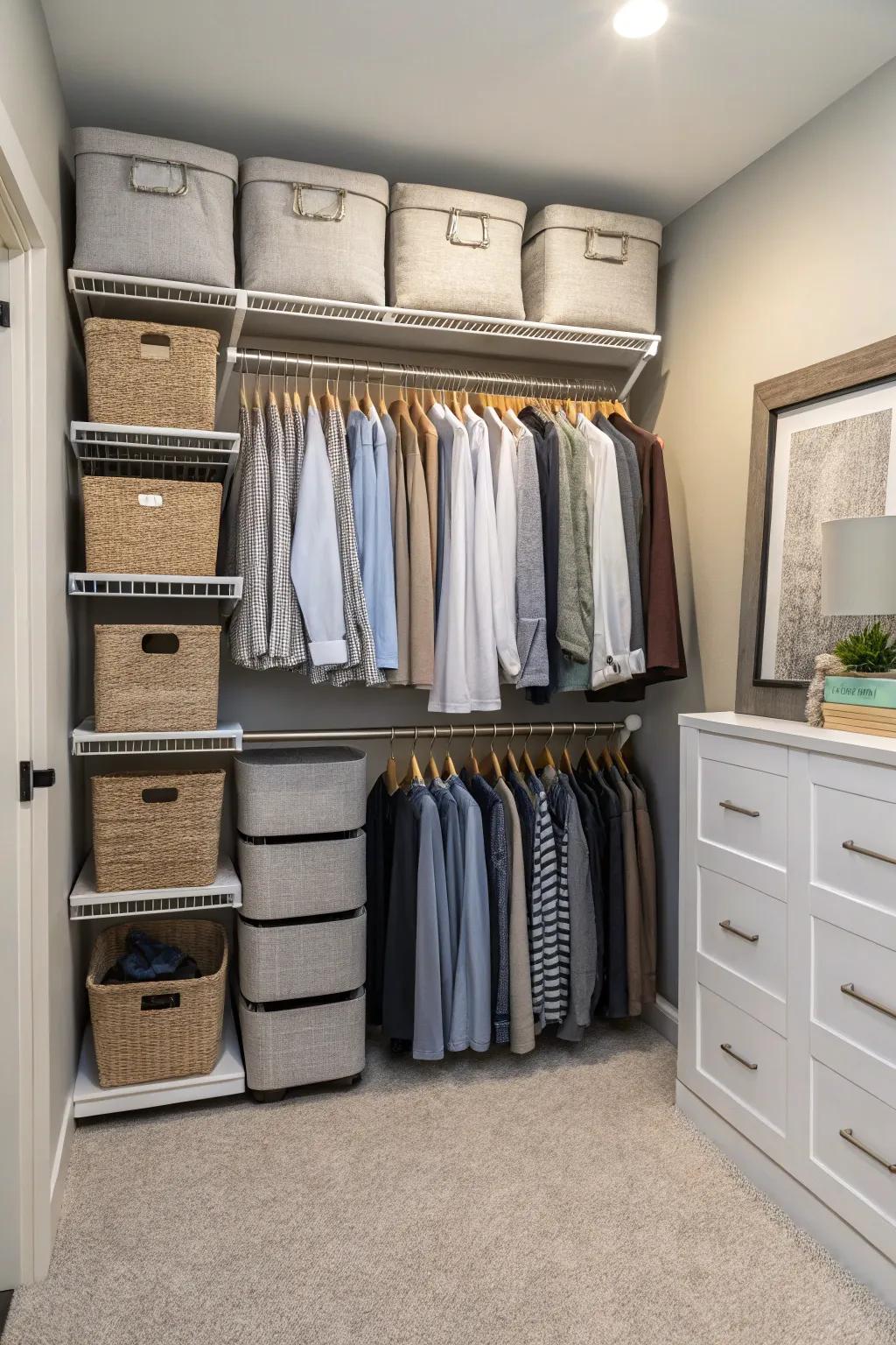 An arranged closet with double hanging rods, maximizing storage.