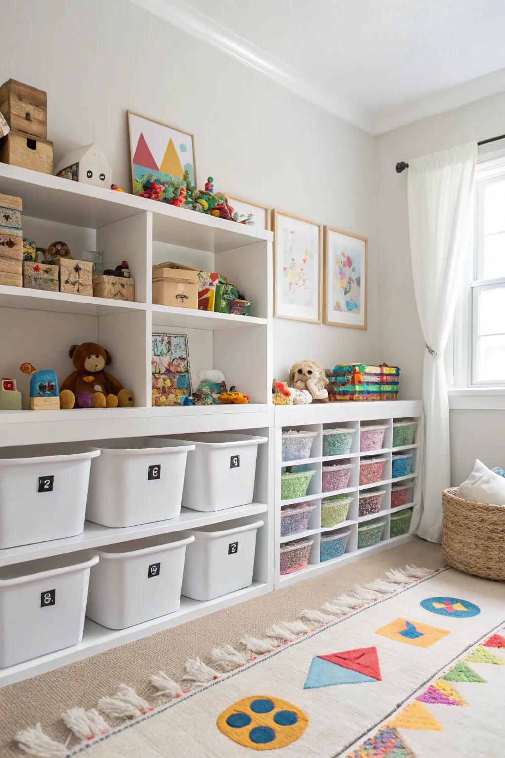 Stackable bins to effectively organize toys.