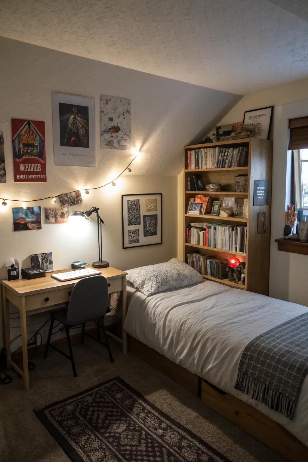 Wall-mounted lighting saves space and offers adjustable lighting.