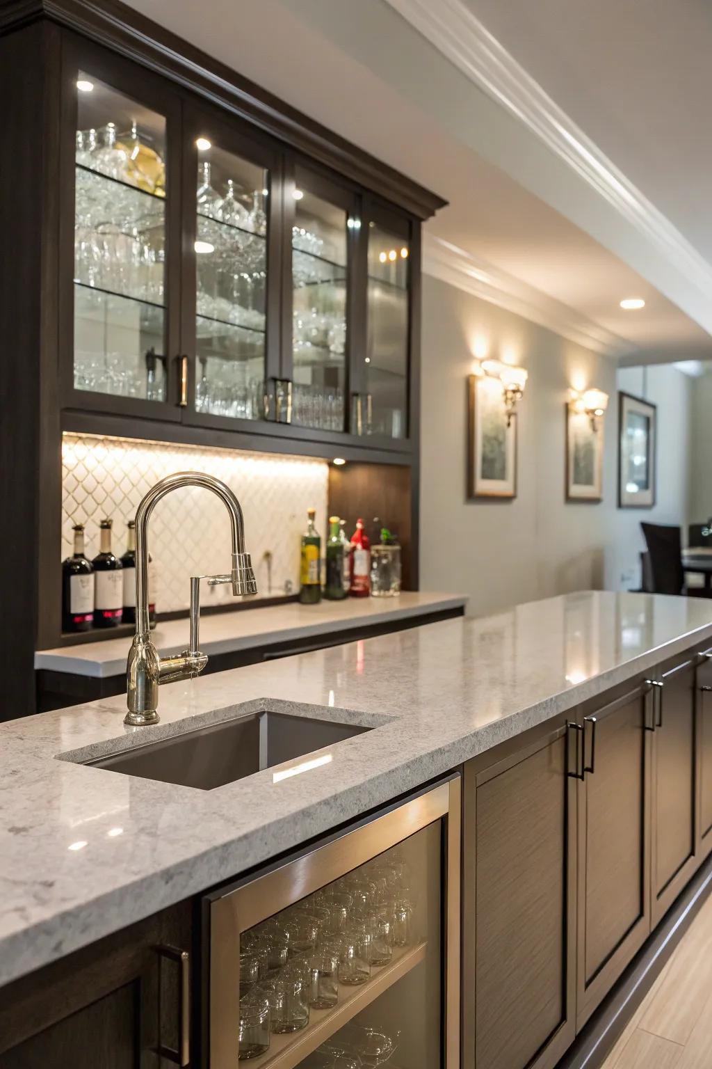 A stylish quartz worktop enhancing a small wet bar.