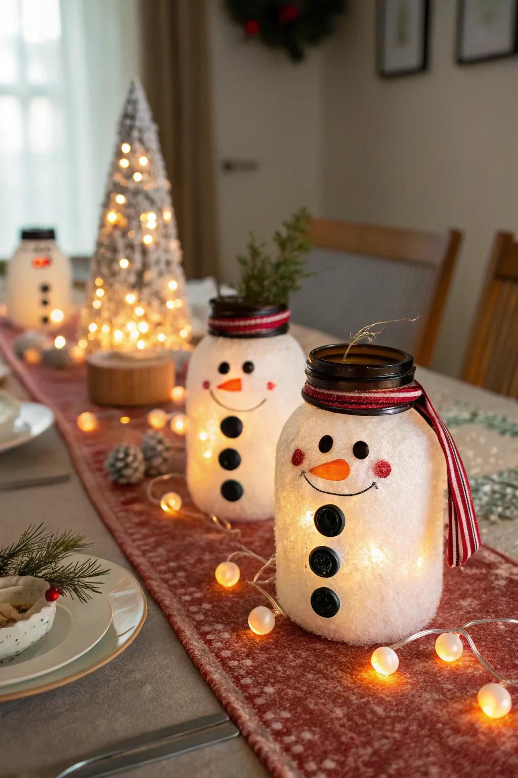 Glassware snowmen illuminate any holiday environment.