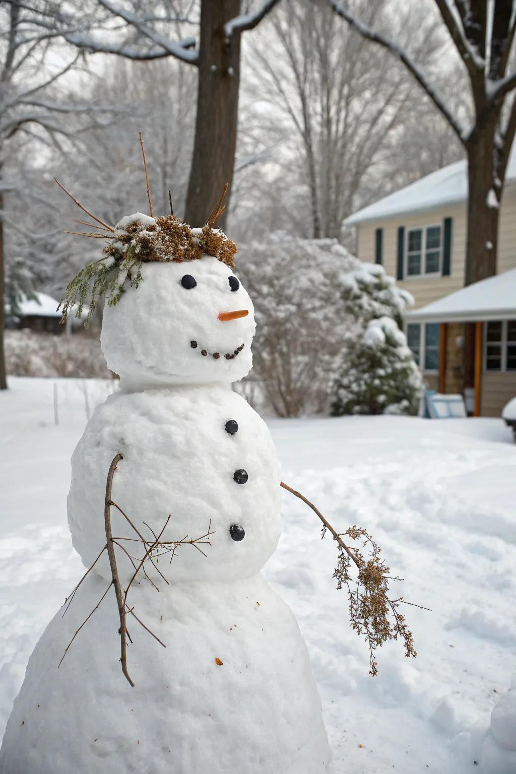A snowman flaunting a singular coiffure derived from nature.