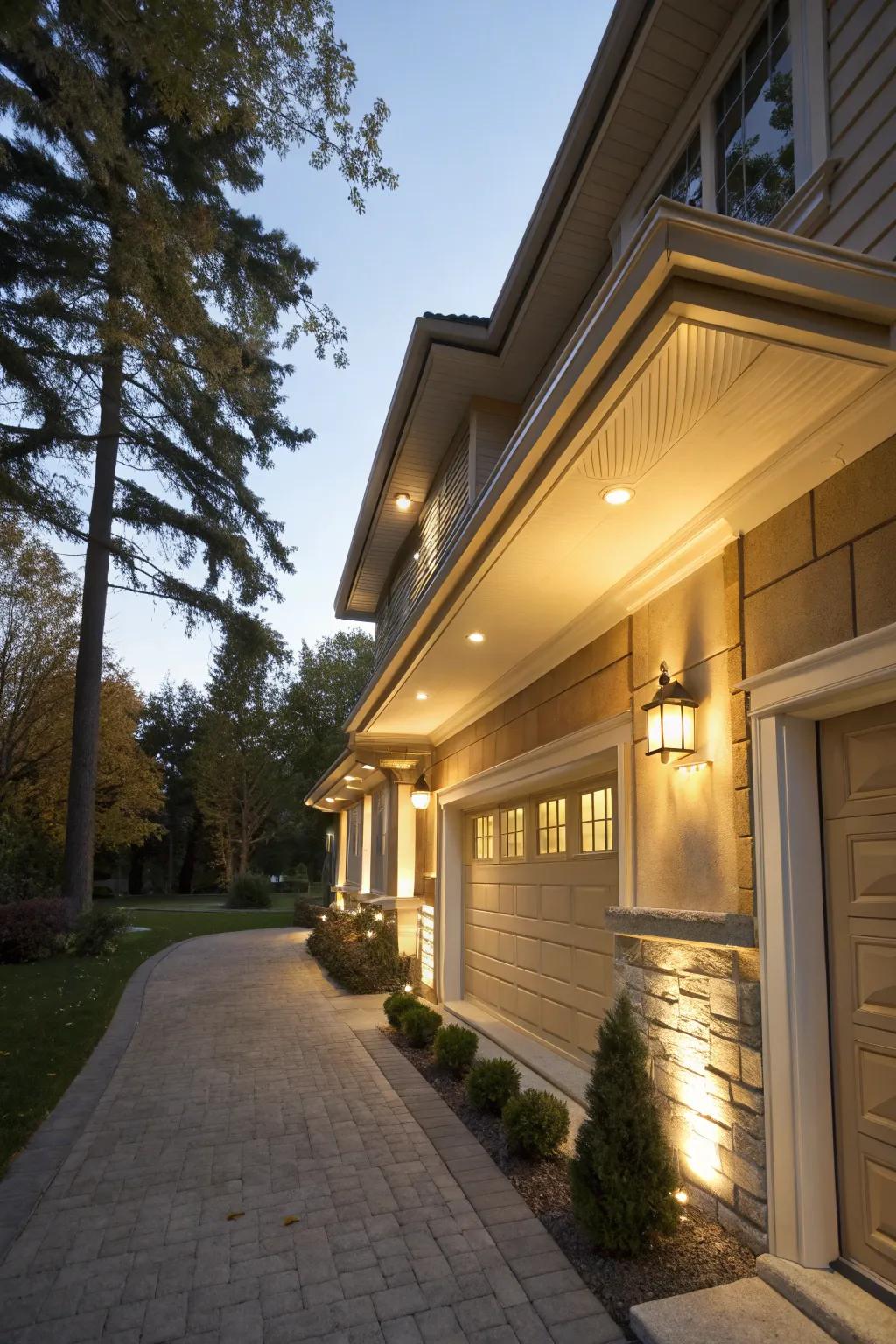 Hidden soffit light fixtures create an intriguing and unexpected glow.