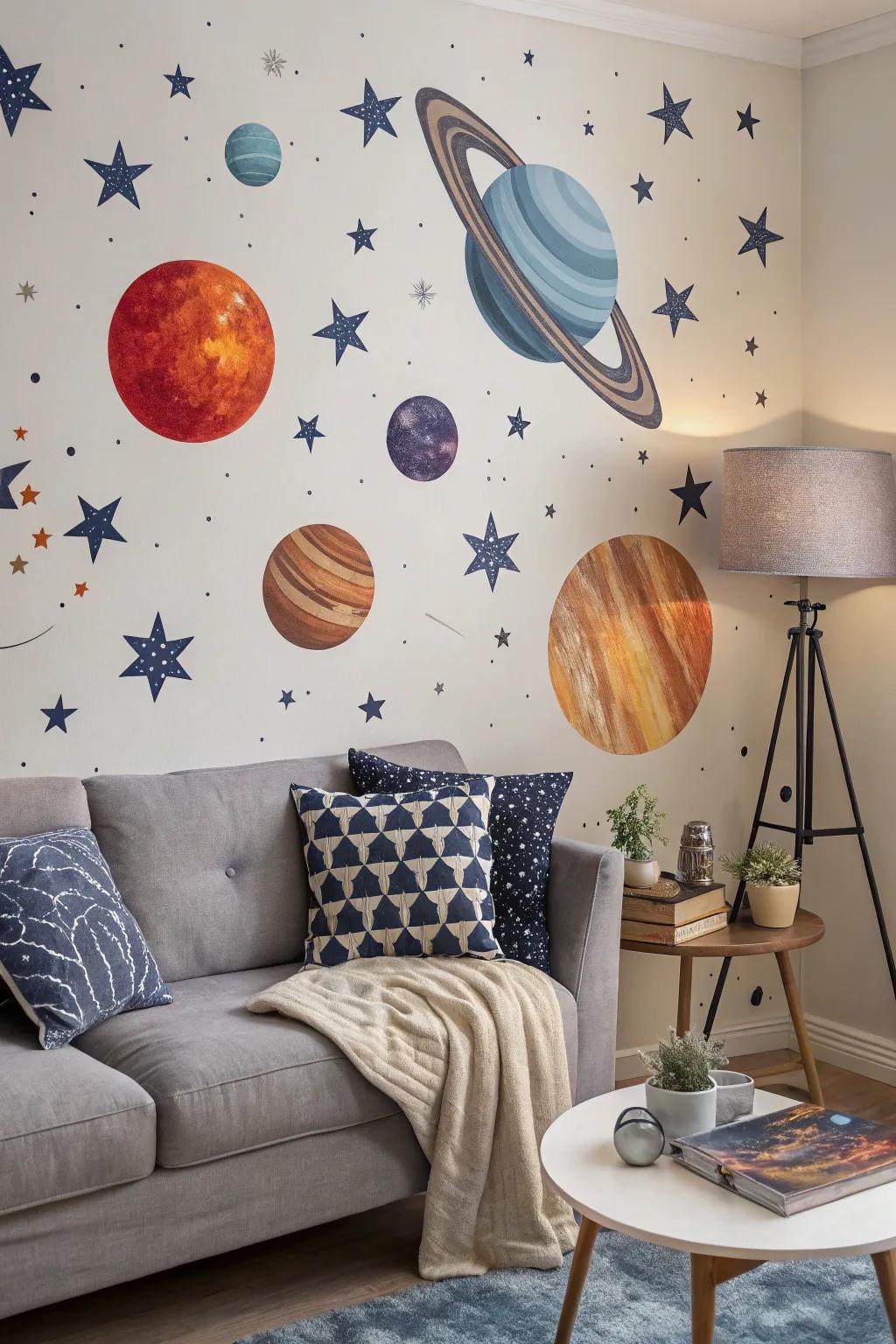 Cosmic wall stickers offer flexibility and ease of change.