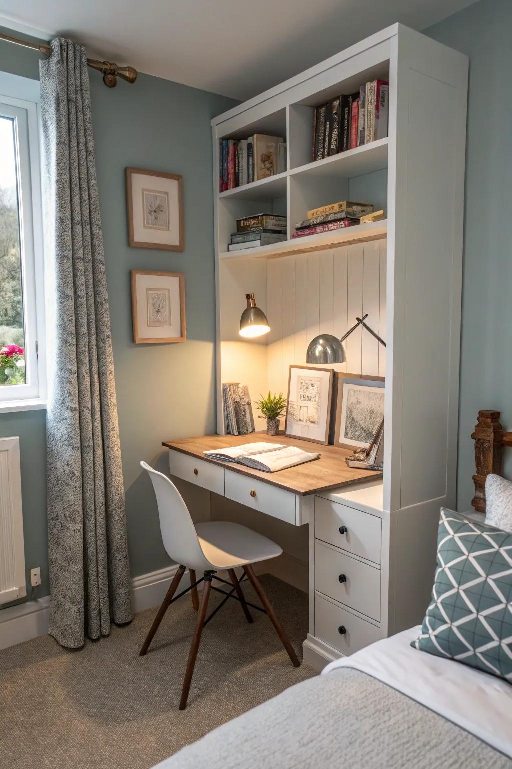 A hidden workspace maintains a clutter-free bedroom environment.