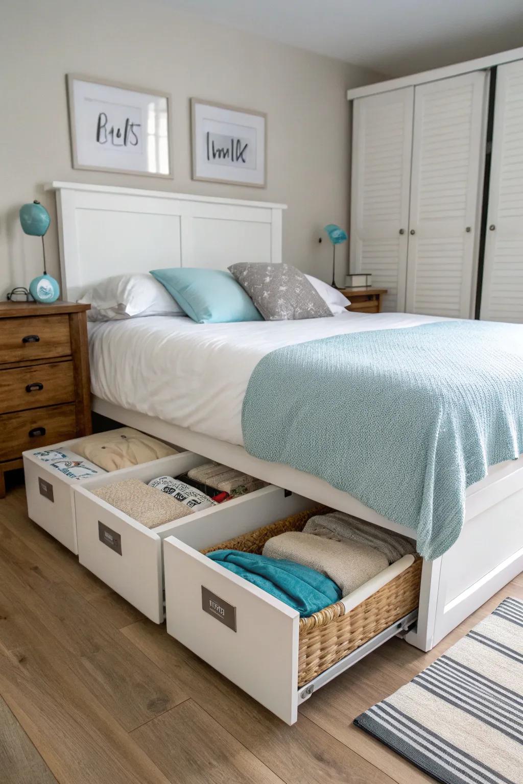 Use the area under the bed for organized storage.