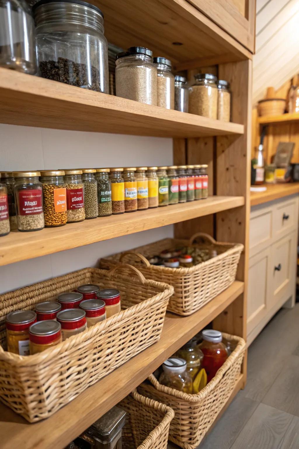 Hanging shelves offer added spice storage.