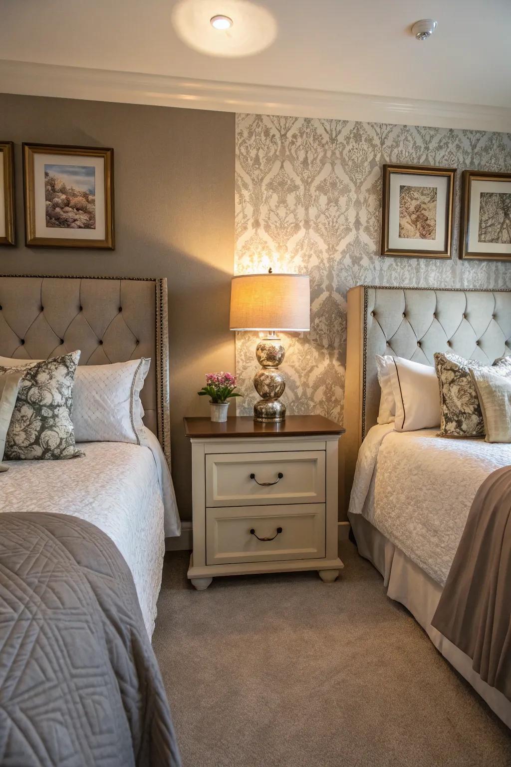 Shared bedside table working as a functional partition between beds.
