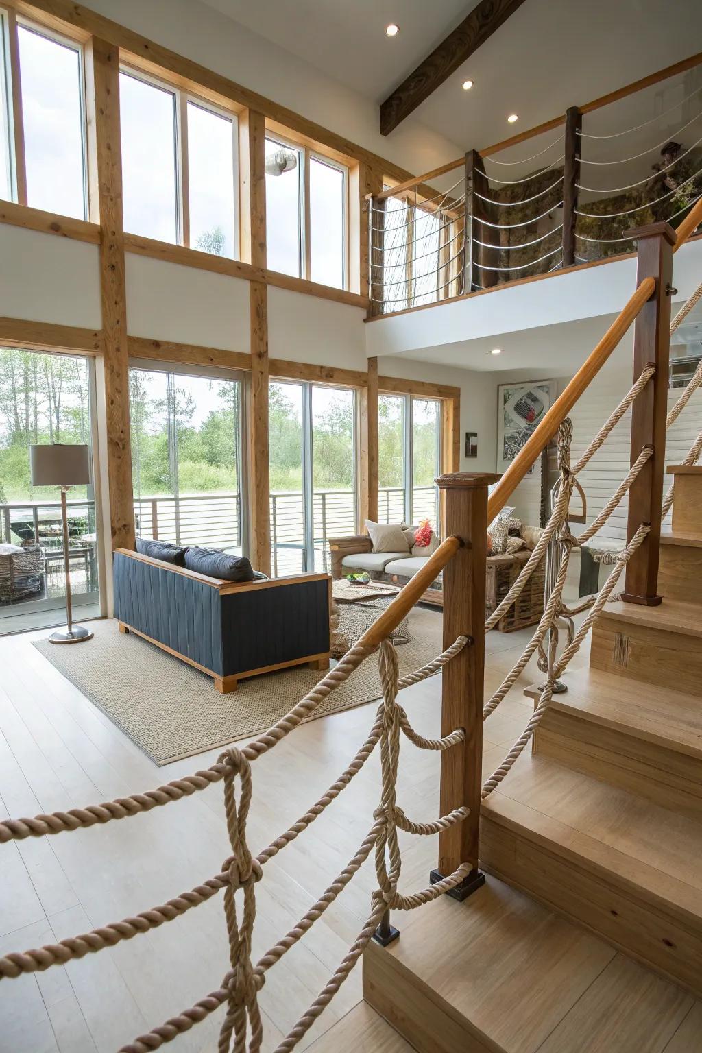Unique rope railings adding an organic touch to a split-level dwelling.