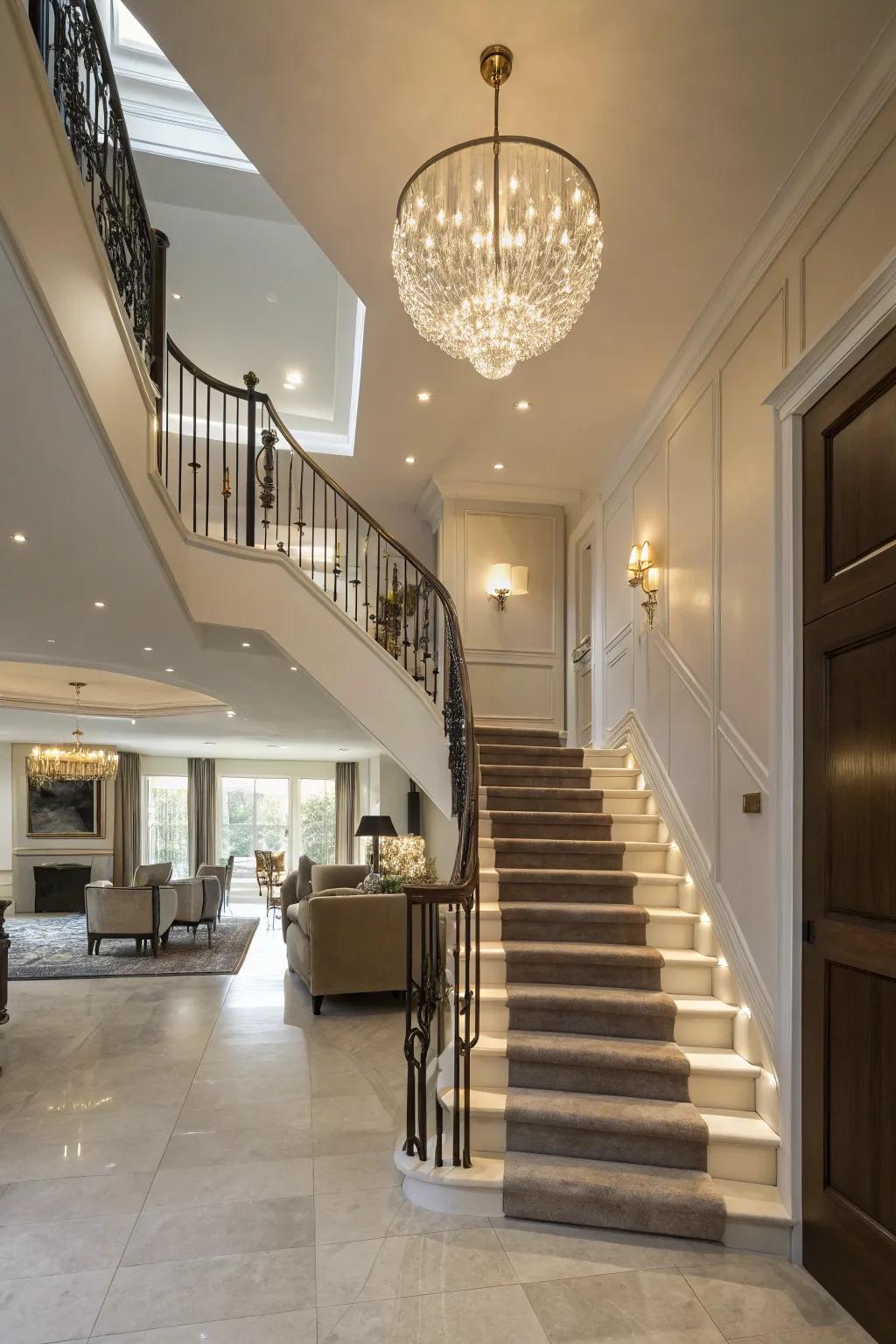 Statement lighting adds drama and focus to your staircase.