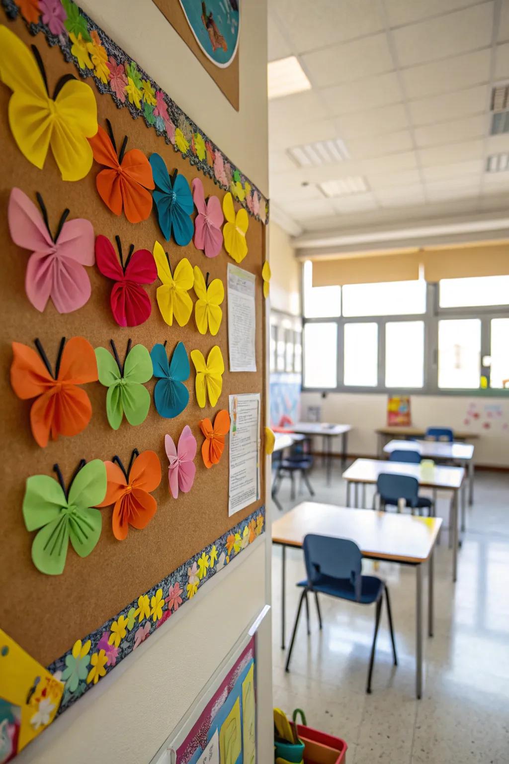 A lively notice board decorated with coffee filter butterflies, celebrating the arrival of spring.