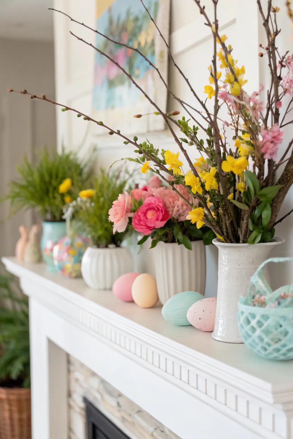 An elegantly adorned mantel introduces a hint of spring into your living area.