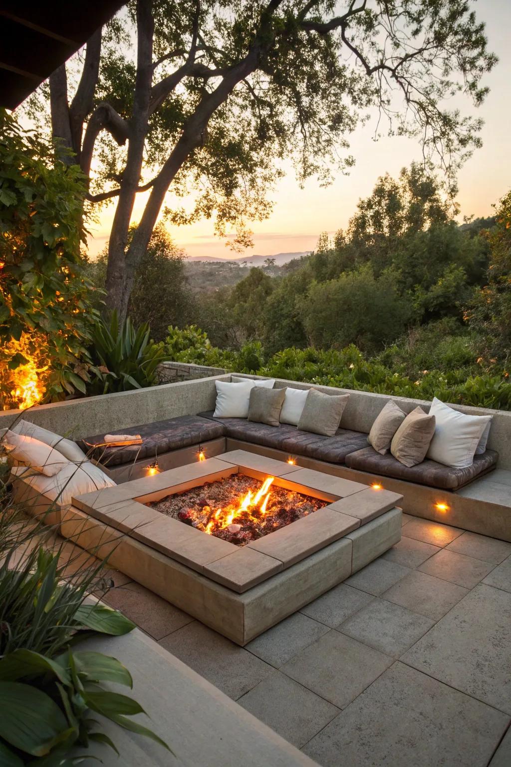 A sunken fire pit offers an intimate, cozy atmosphere.