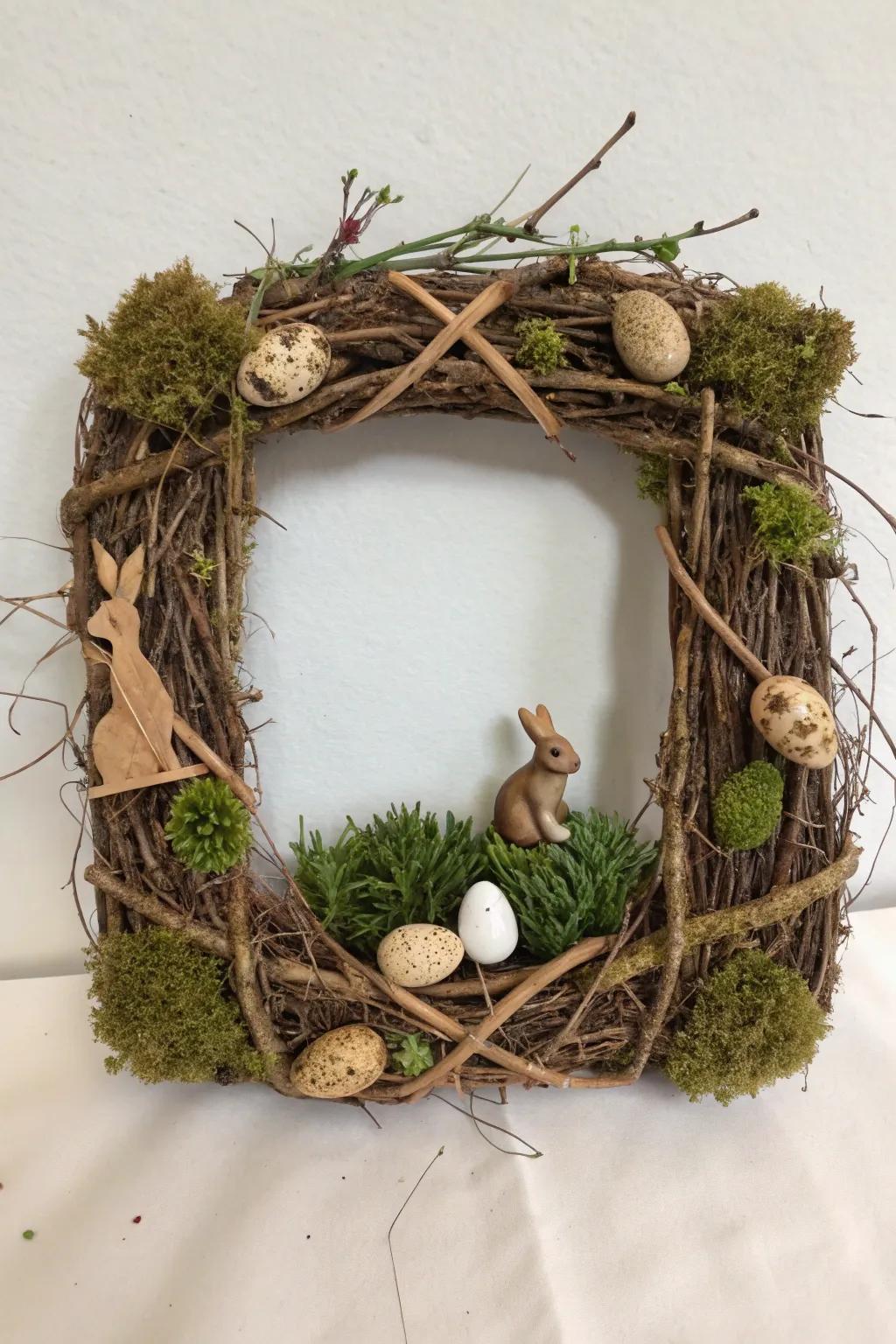 A woodland-themed square wreath adds a touch of nature and whimsy.