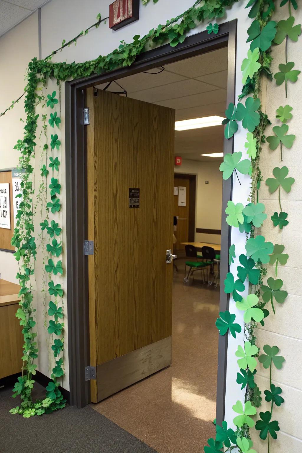 A curtain of clovers framing a classroom door, adding texture and dimension.