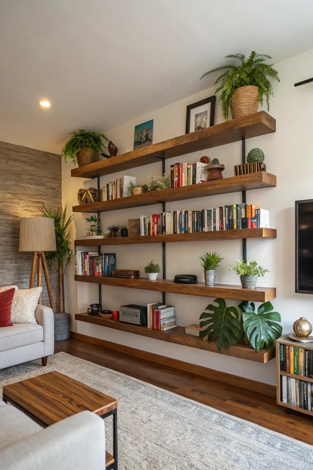 Artistic asymmetry with a cascading ledge arrangement.