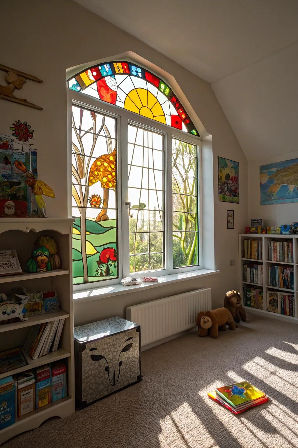 Stained glass designs bring playful charm to children's rooms.