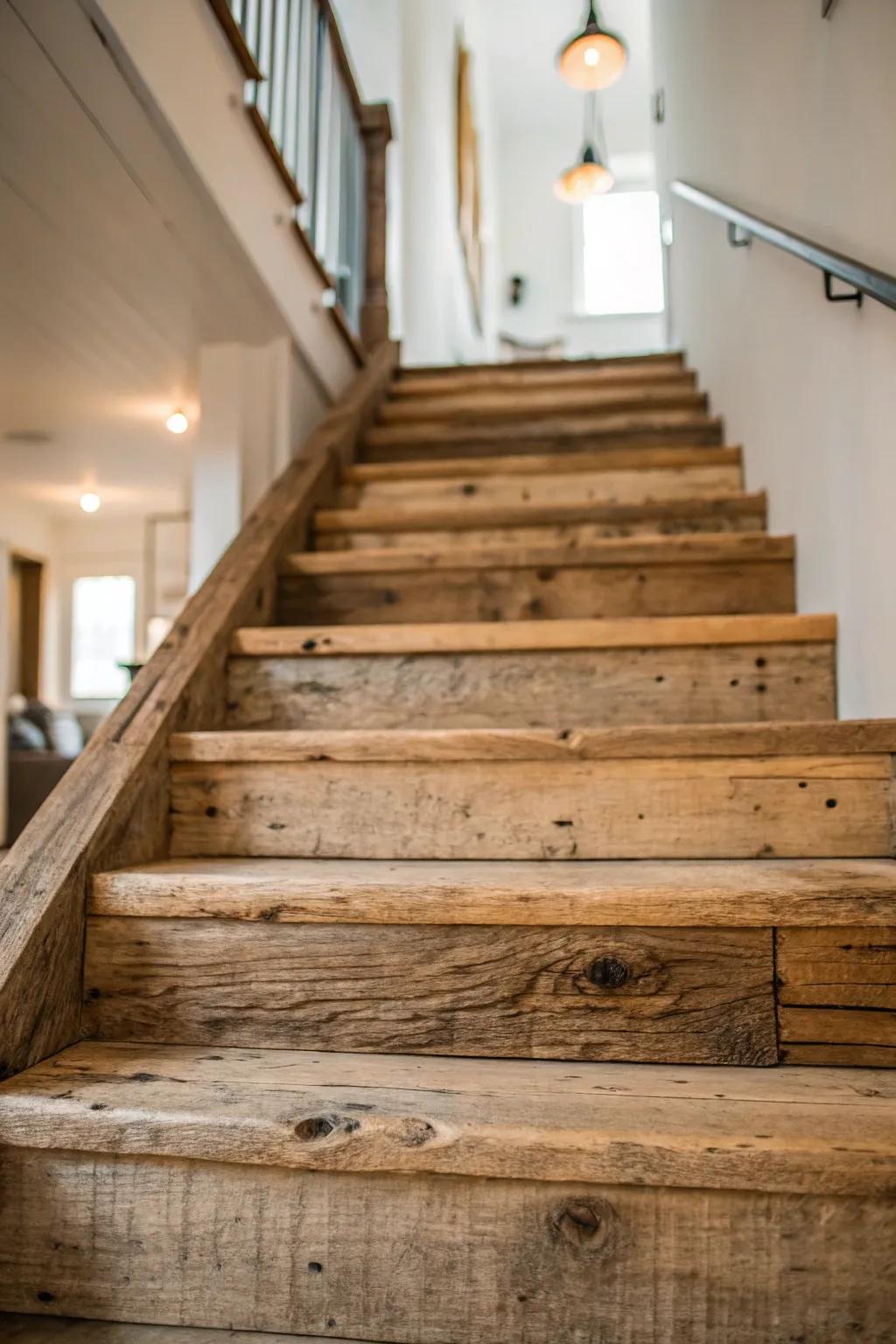 Aged wood treads impart rustic charm and character.