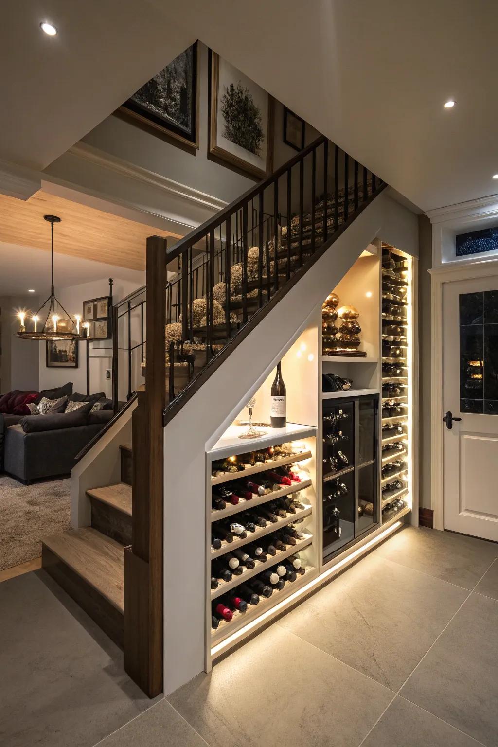 Delight your guests with a hidden wine cellar beneath the stairs.