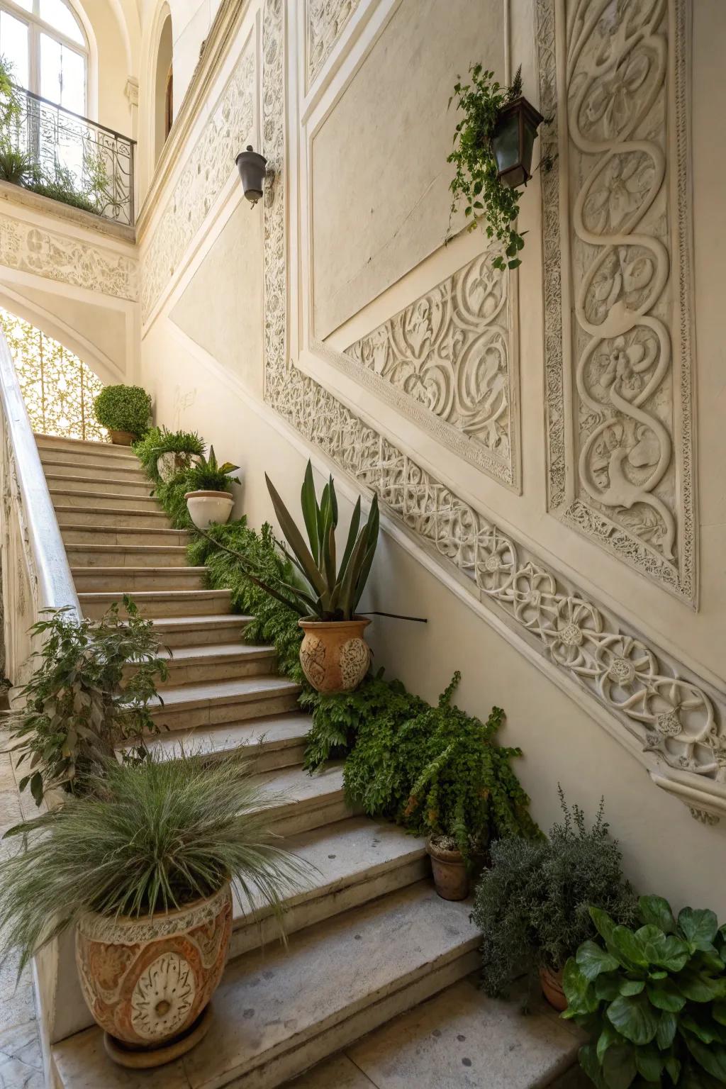 Plants add a natural touch to your staircase design.