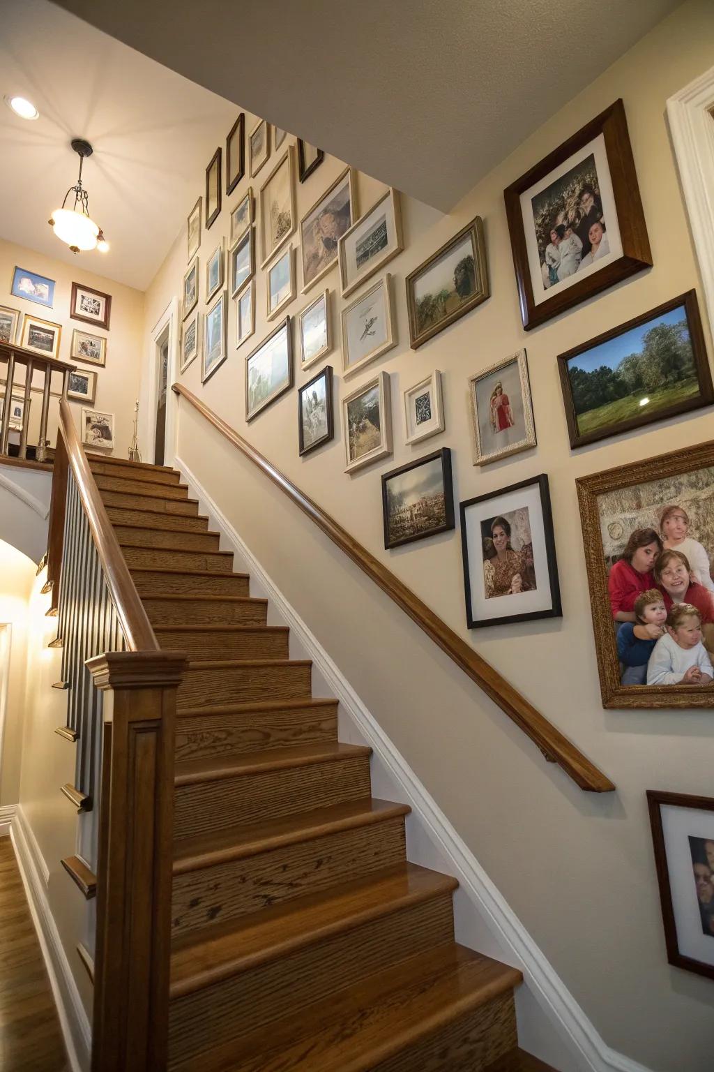 Personal photographs contribute an emotional dimension to the gallery arrangement.