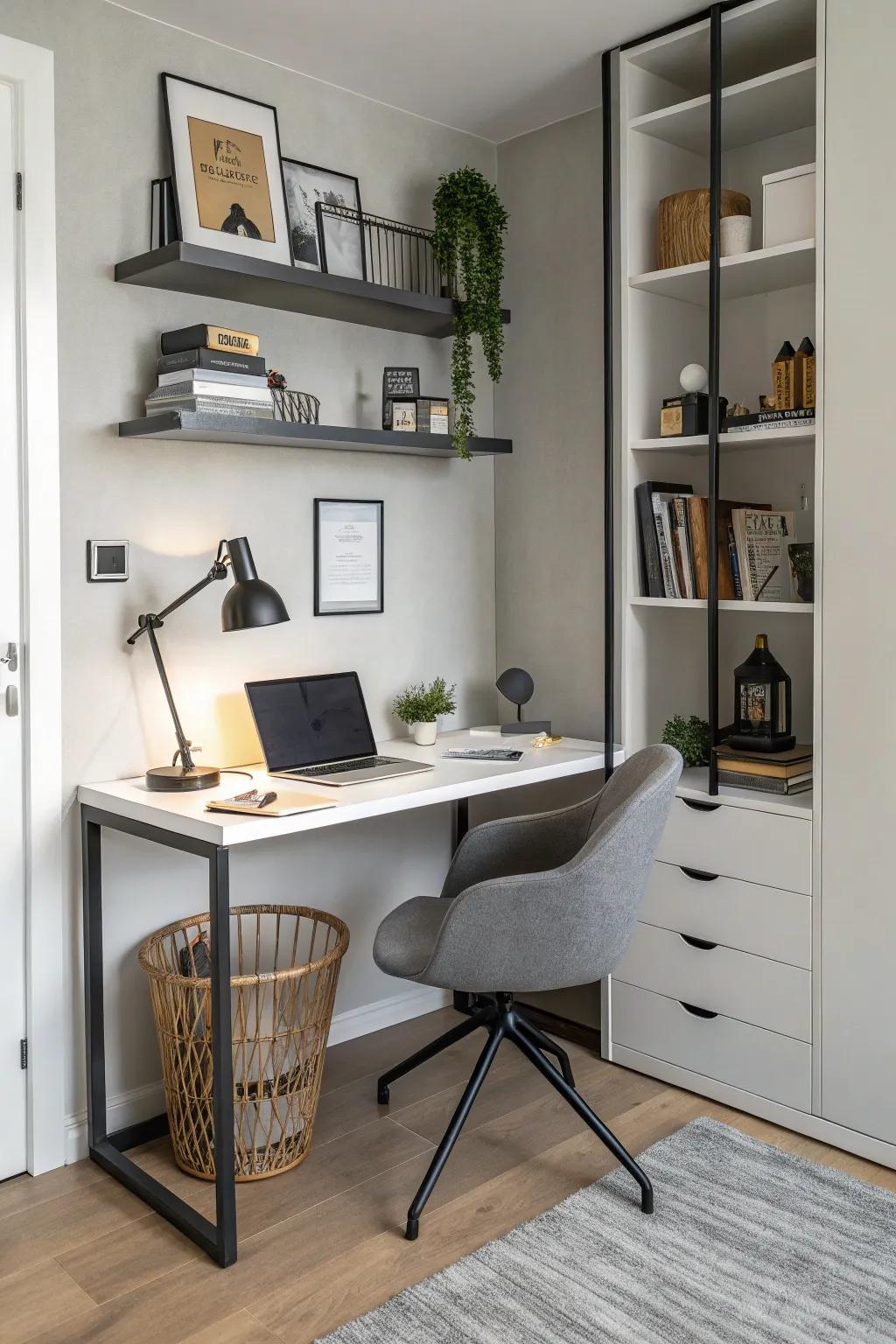 A compact standing desk setup exemplifies space efficiency and smart design.