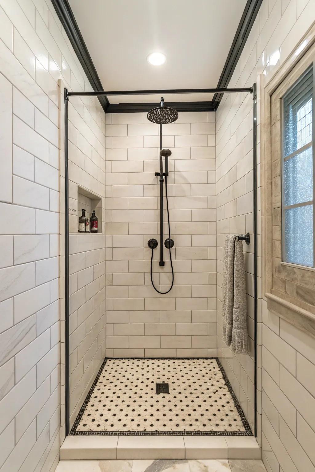 Floor-to-ceiling tiles creating an elegant and unified shower design.