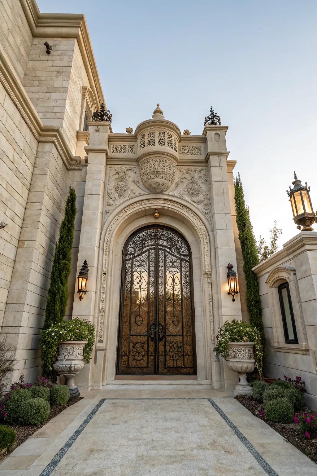 Lofty stone elements shape a grand welcome.