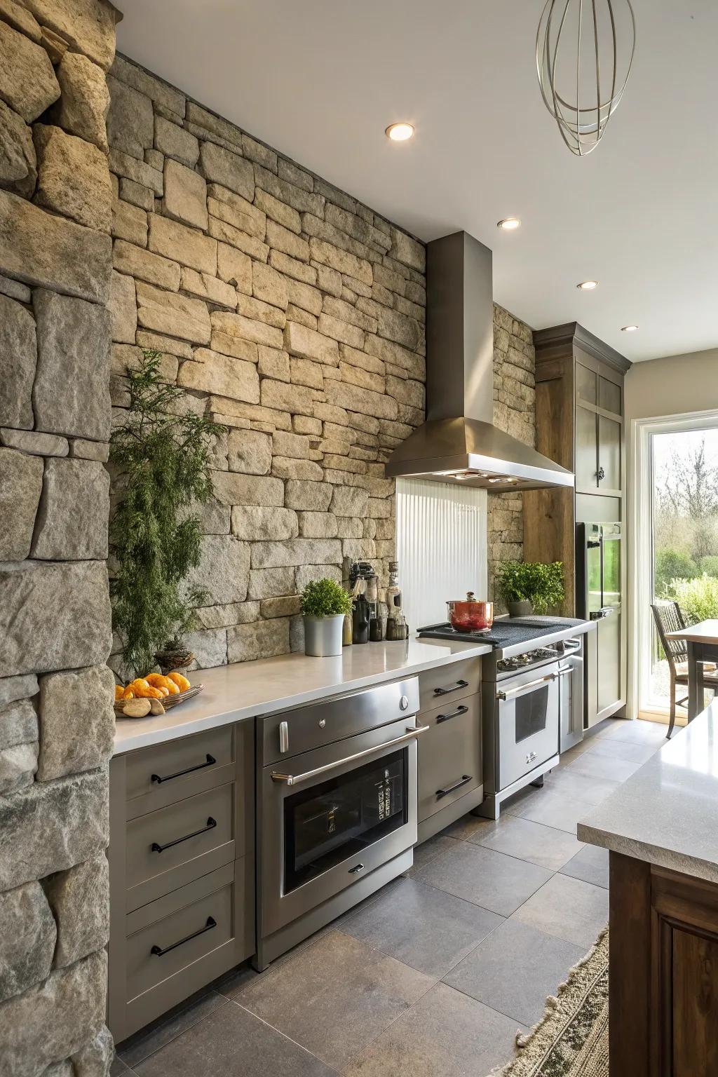 A rustic yet contemporary stone decorative wall in the cooking area.