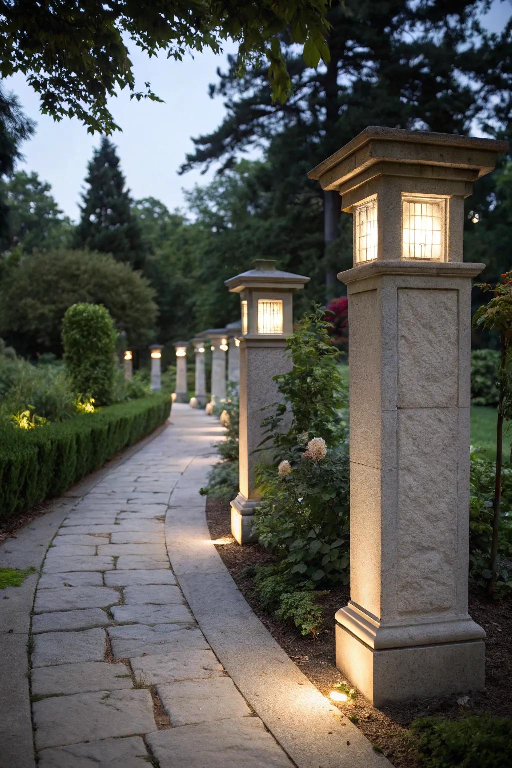 Illuminate your garden paths with stylish rock columns.