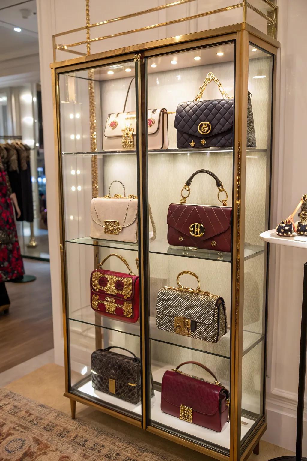 Purses displayed in a glass-front cabinet.