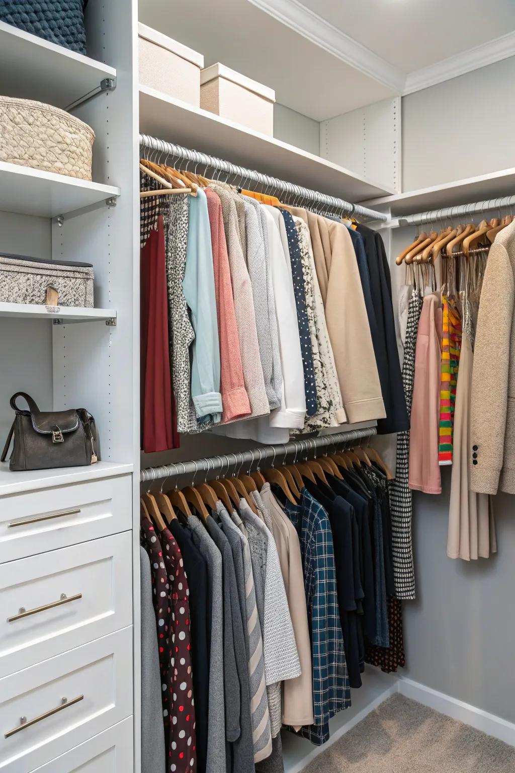 Personalize your closet with modifiable rods for best-possible stowing.