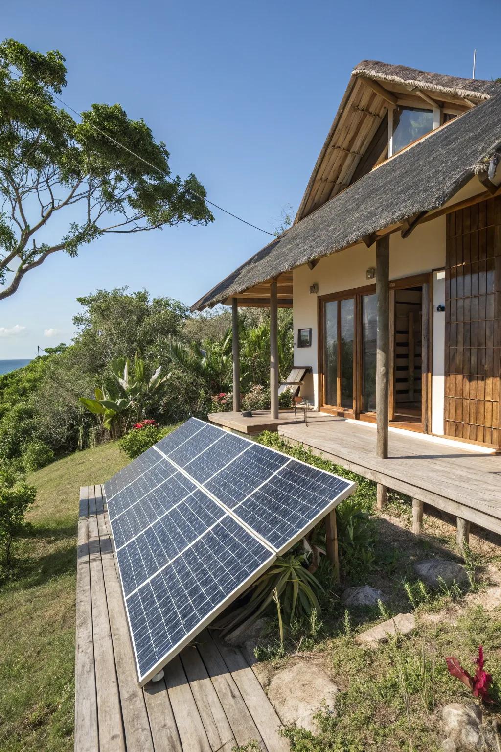 Solar arrays powering a sustainable island home.