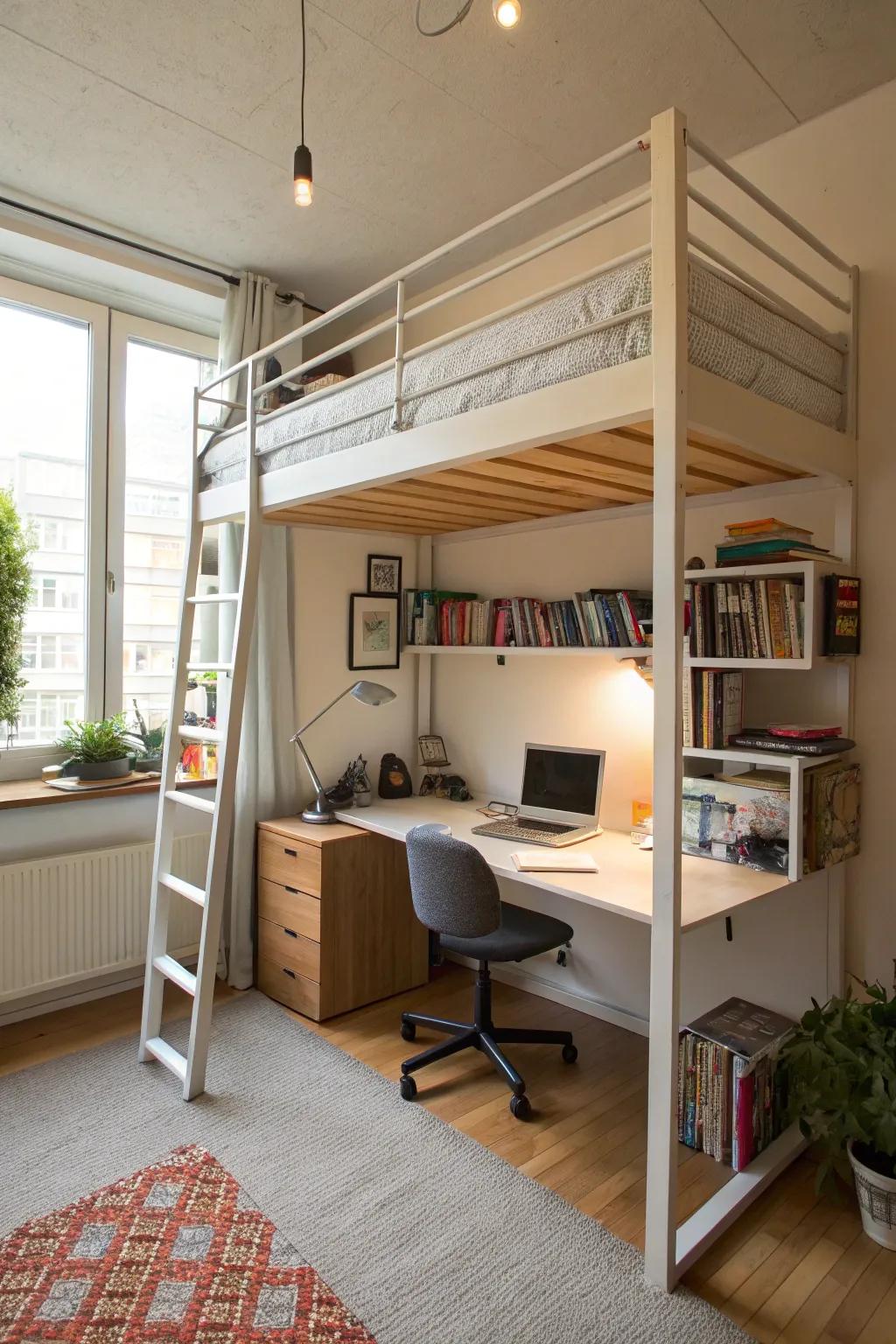 A loft bed fully utilizes vertical space in a studio.